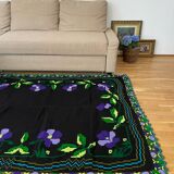 Floral handmade vintage rug, purple floral design with crochet border 145x174cm