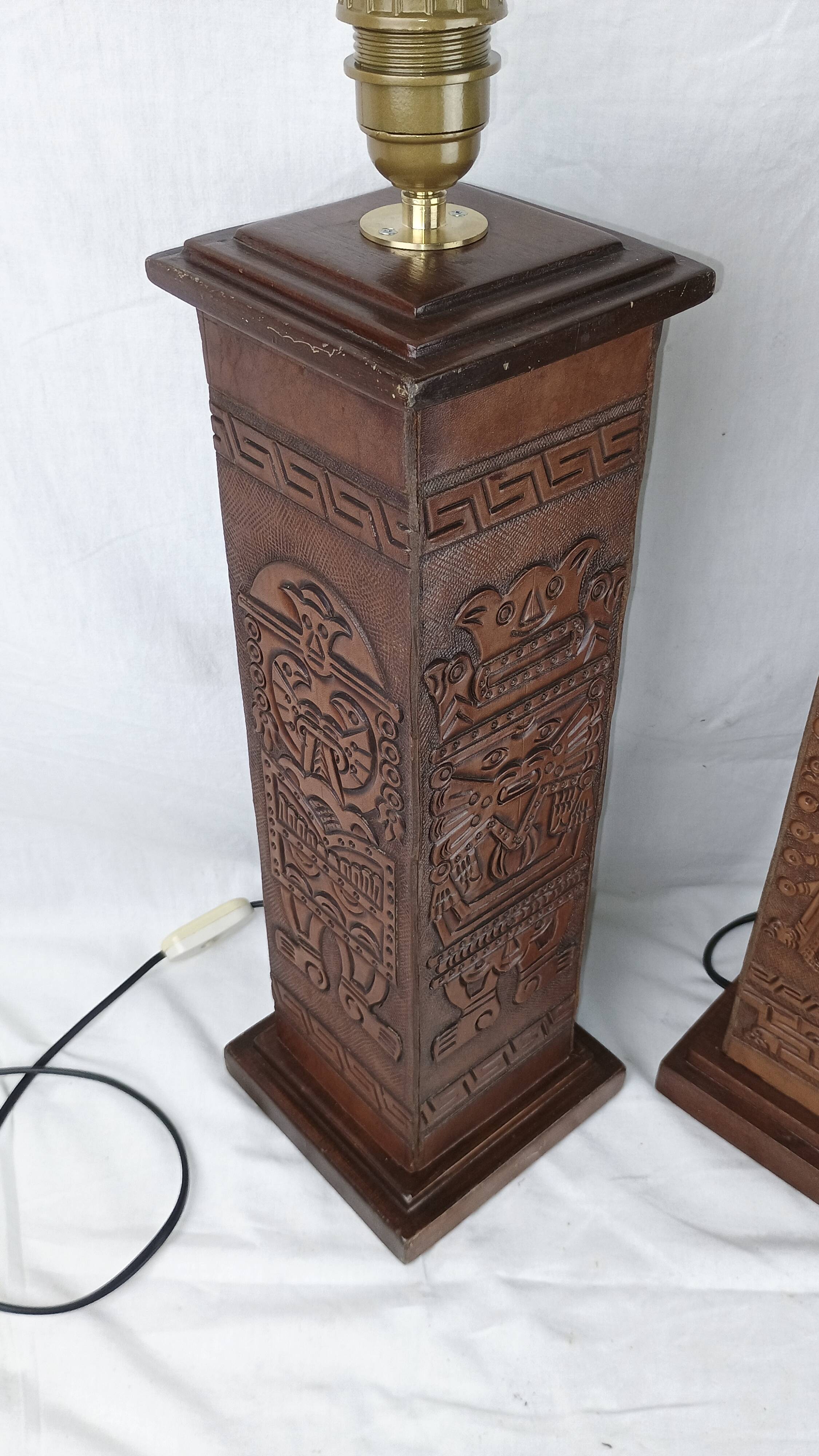 Pair of Kaiser Leuchten Totem Lamps in Vintage Aztec Inca or Mayan Leather