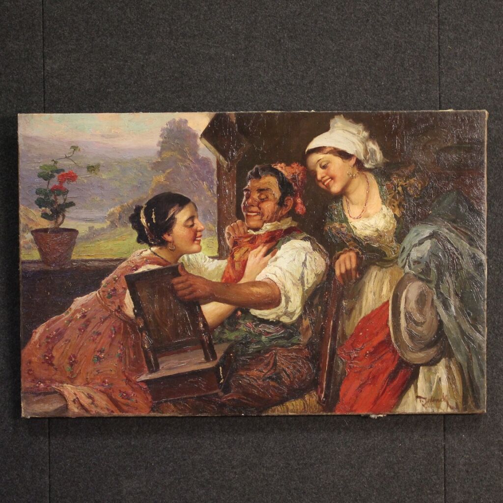 Antique interior scene painting from 19th century