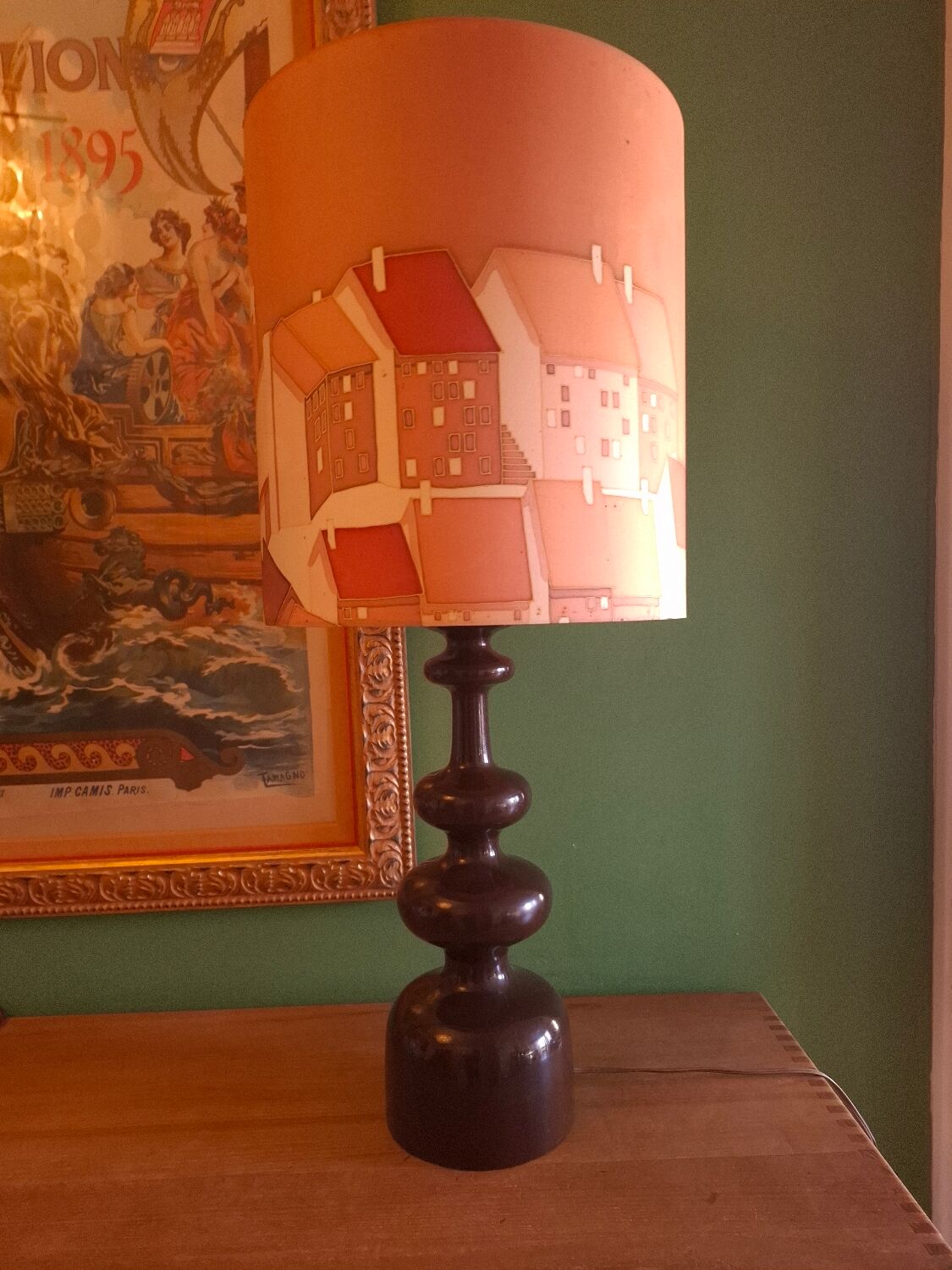 Vintage 70s lamp with a silk shade.