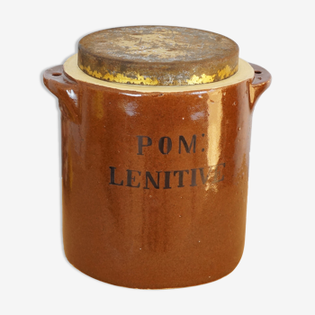 Pot ancien à pharmacie en grès vernissé avec inscription "POM LENITIVE"