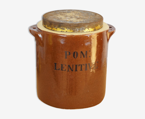 Pot ancien à pharmacie en grès vernissé avec inscription "POM LENITIVE"