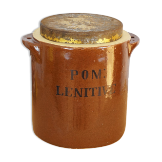 Pot ancien à pharmacie en grès vernissé avec inscription "POM LENITIVE"