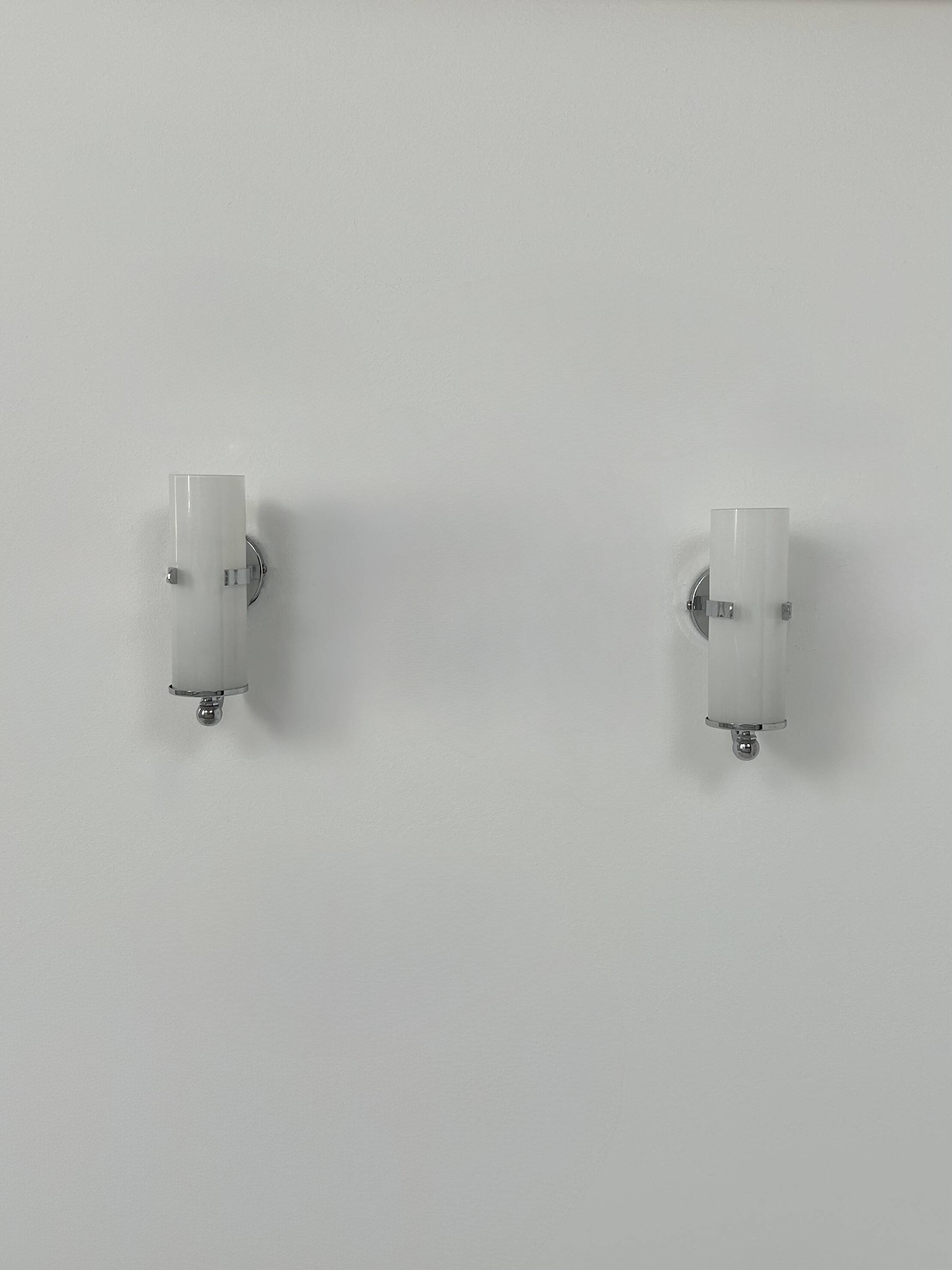 Pair of vintage wall lights, chrome and opaline, France, 1970.