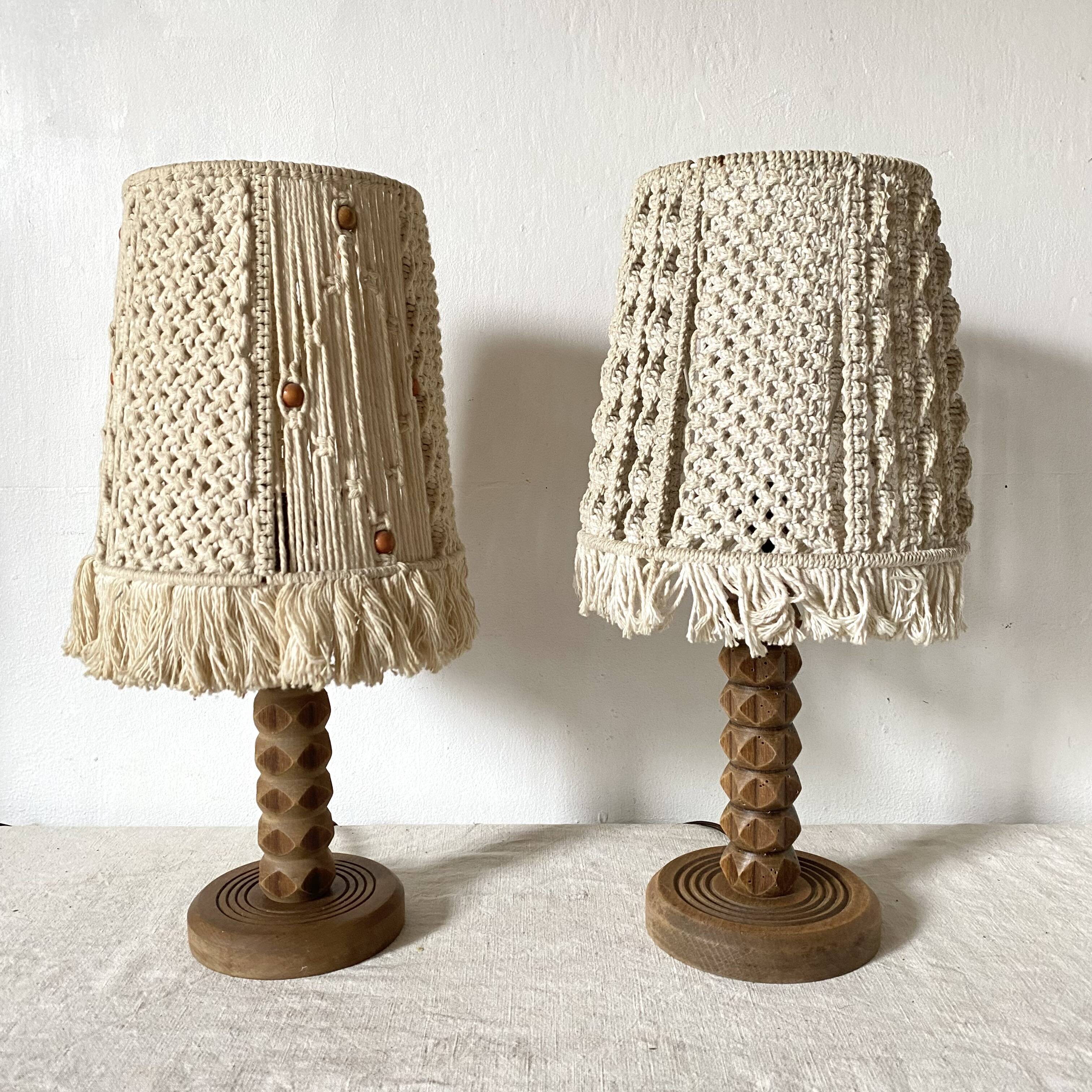 Pair of carved wood and macramé bedside lamps