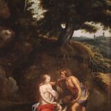 17th century mythological painting, Meleager offers the boar's head to Atalanta