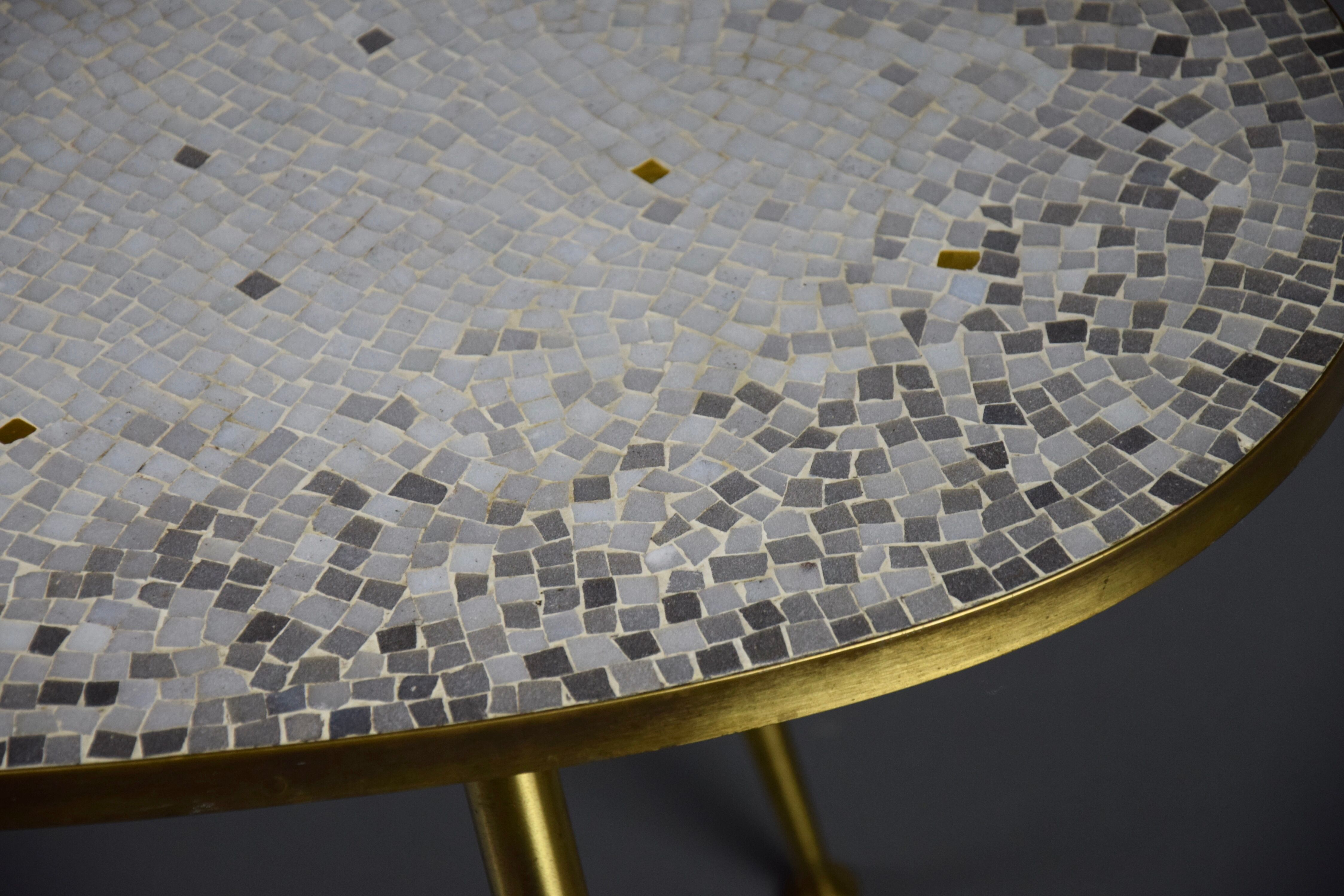 Brass Mid century Oval Coffee Table with Grey Glass Mosaic and Gold Highlights