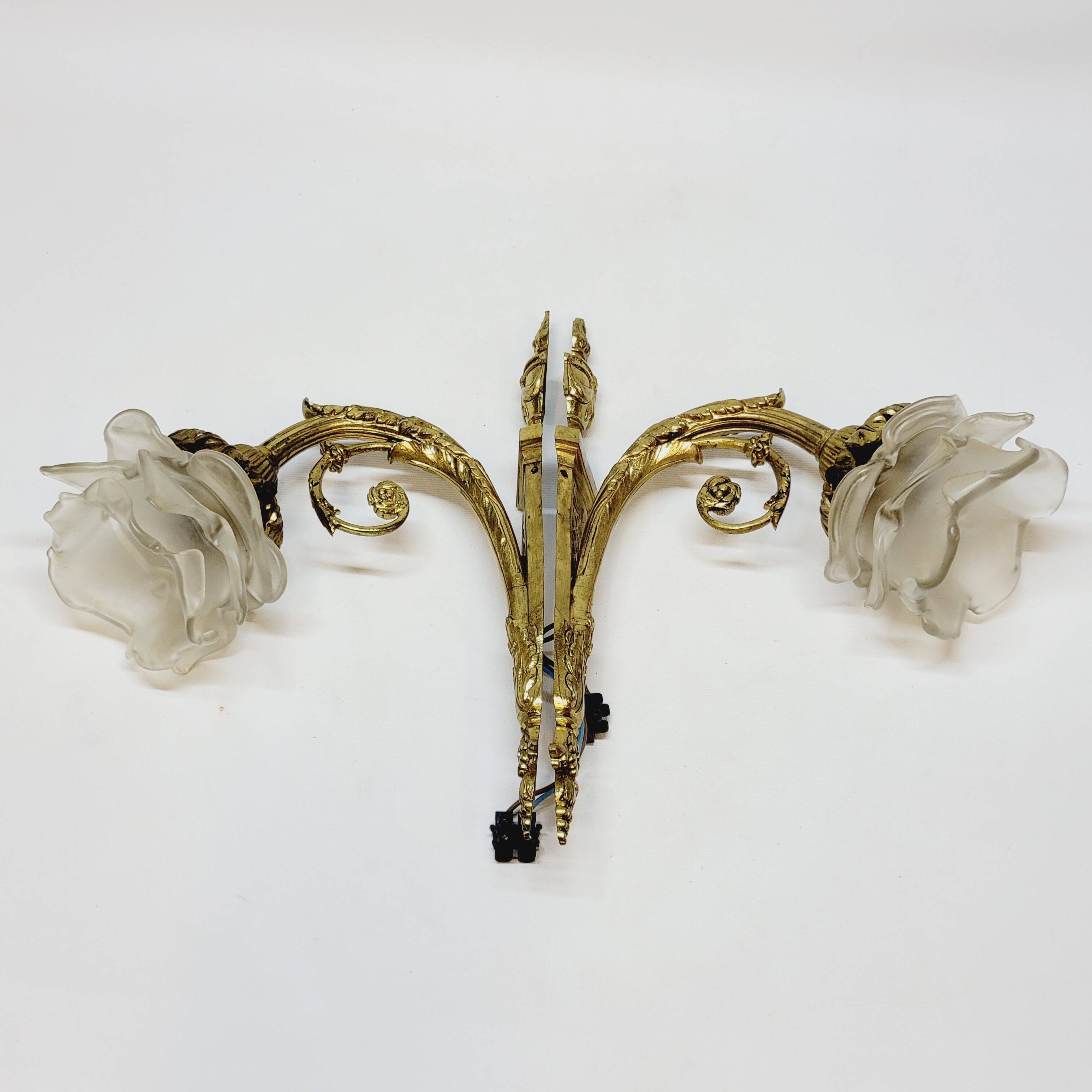 2 19th Century Gilt Bronze Wall Sconces with Molded Glass Globes in the Shape of