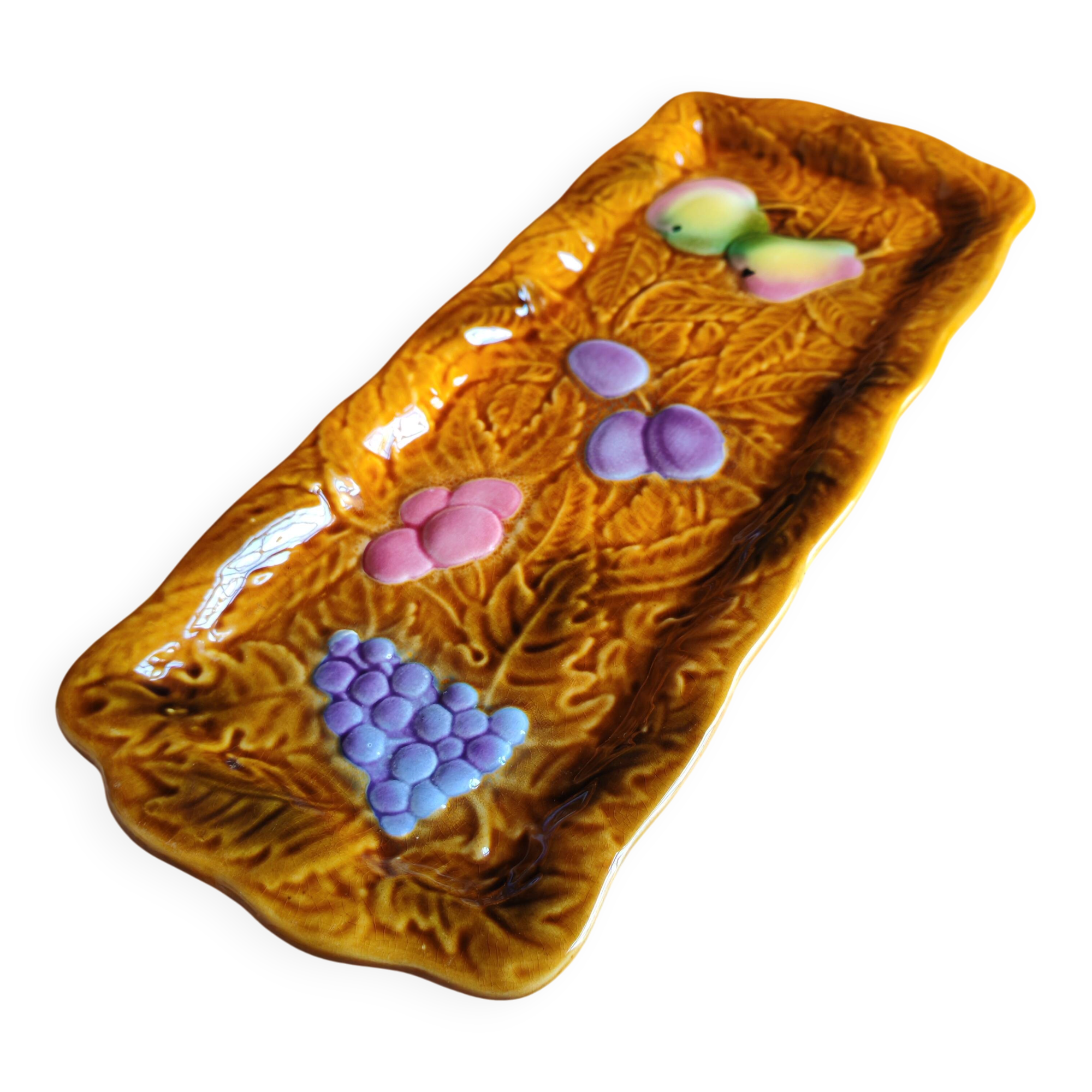 Vintage barbotine pocket dish from Salins les Bains, relief decoration of fruits.