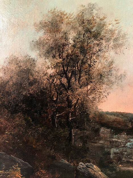 Oil on canvas, "Riverside at sunrise" signed J.Bain