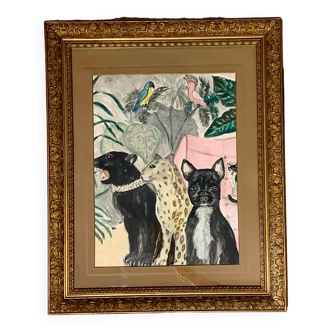 Tableau jungle leopard acrylique cadre ancien