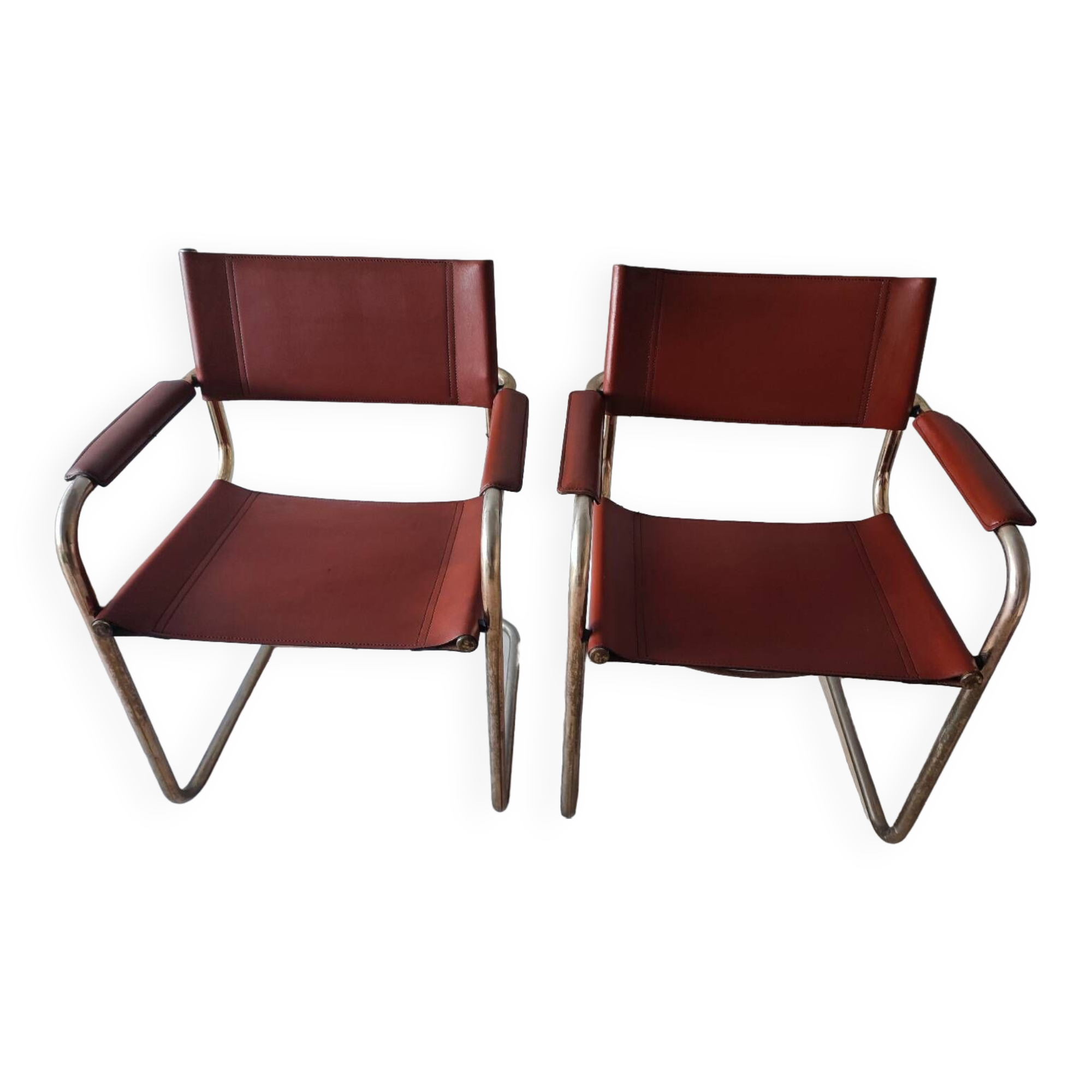B34 armchairs, cognac leather and gilding