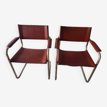 Chaises fauteuils B34 cuir cognac et dorure