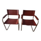 Chaises fauteuils B34 cuir cognac et dorure