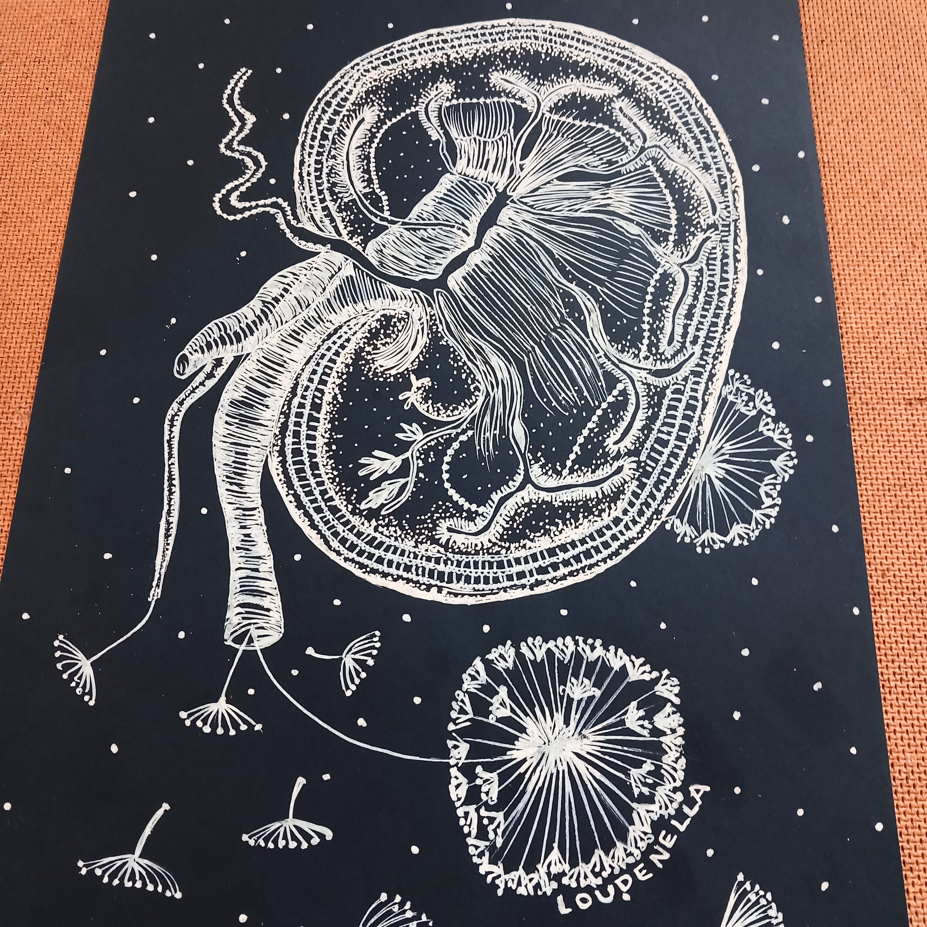 Litography made with posca on black paper The kidney