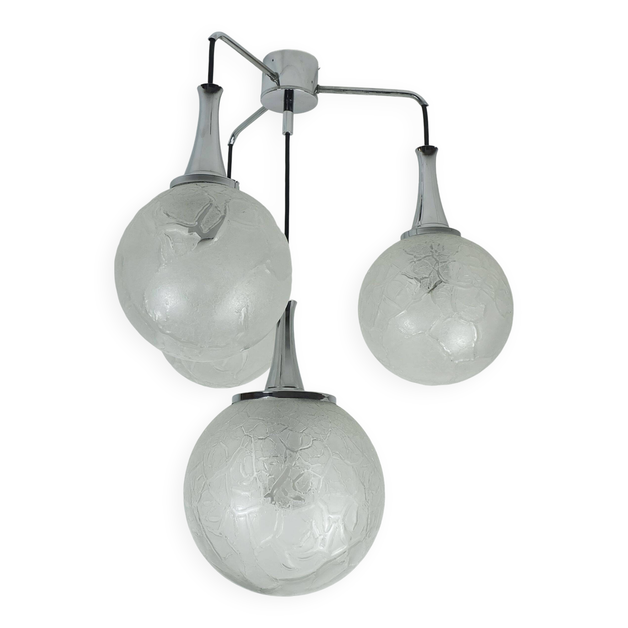 Mid century modern 4-light pendant lamp glass and chrome cascading light 1970s