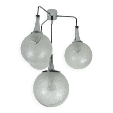 Mid century modern 4-light pendant lamp glass and chrome cascading light 1970s