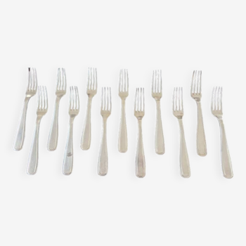 Christofle, Alfénide, Paris - Série de 12 fourchettes de table en métal argenté - Modèle América