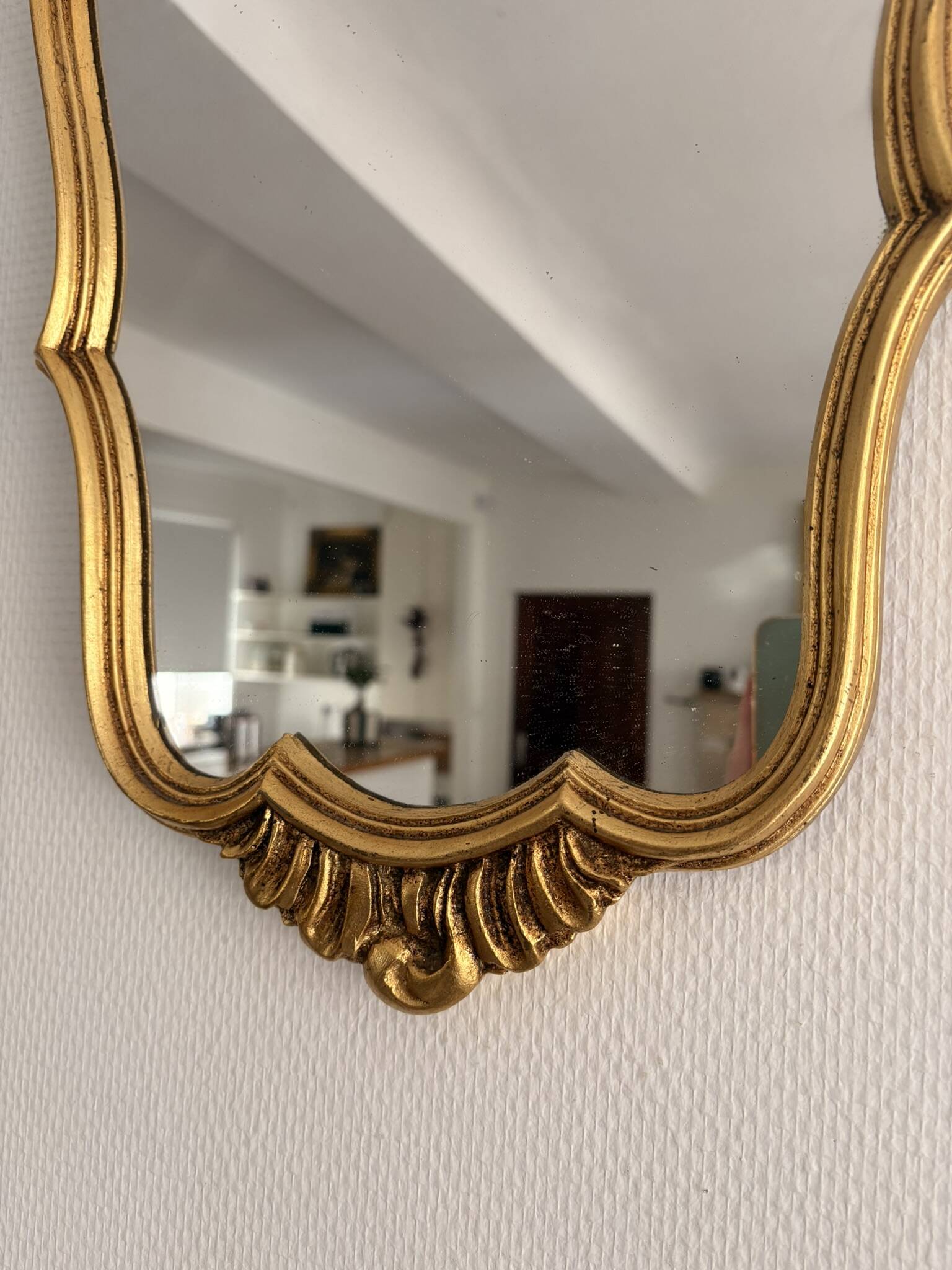 Antique gilded wall mirror, wood, Rocaille, Rococo, Louis XV, shell.