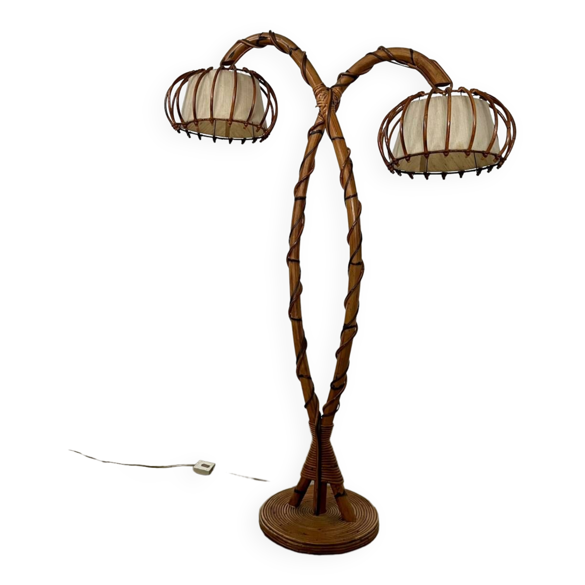 Old bamboo and rattan floor lamp design 60s Louis Sognot vintage lamp