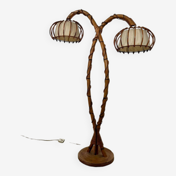 Ancien lampadaire bambou et rotin design années 60 Louis Sognot vintage lampe