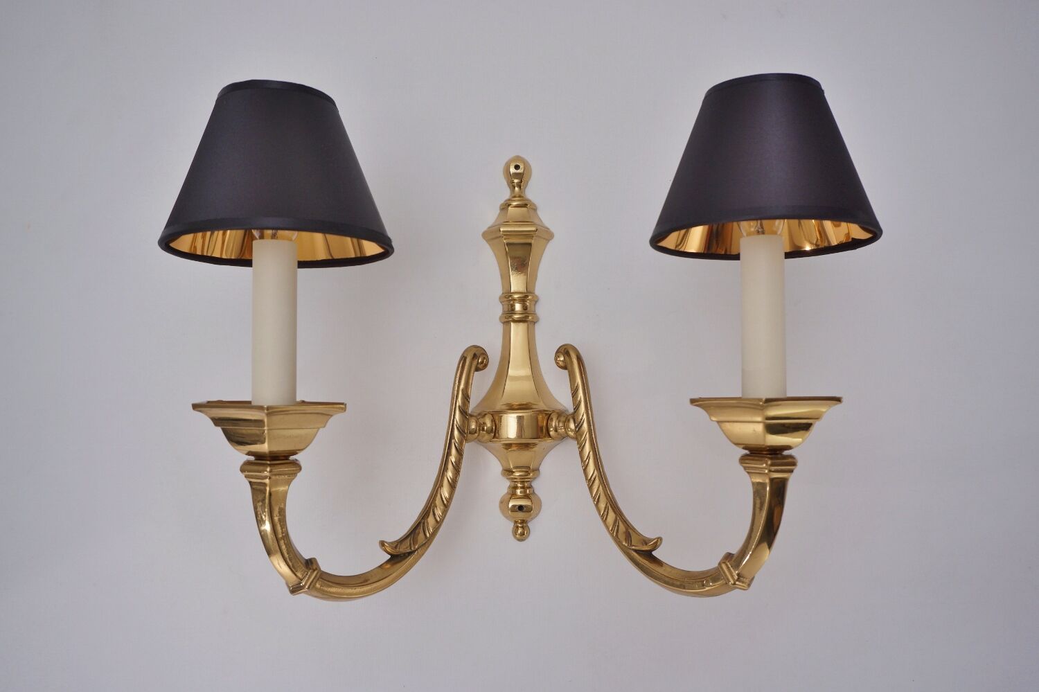 Pair brass wall lights sconces, twin arm, Neoclassical, 1950`s ca, English