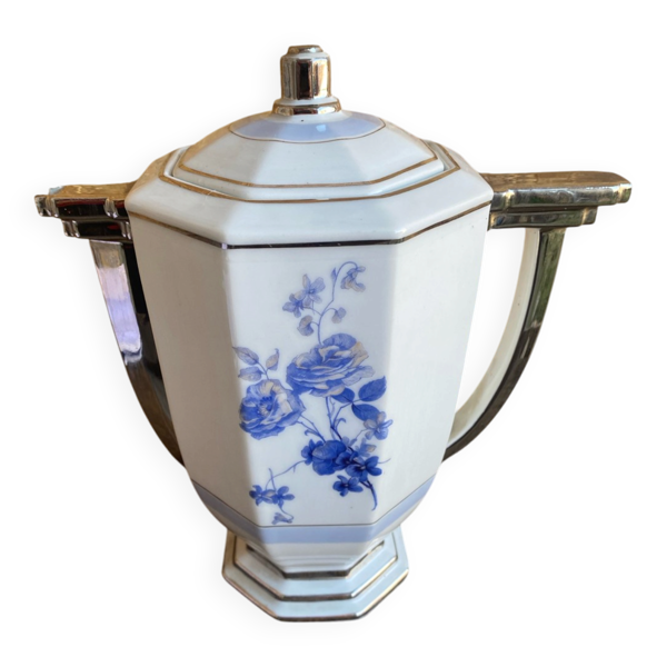 Théière ancienne art déco porcelaine limoges décor fleurs france vinta