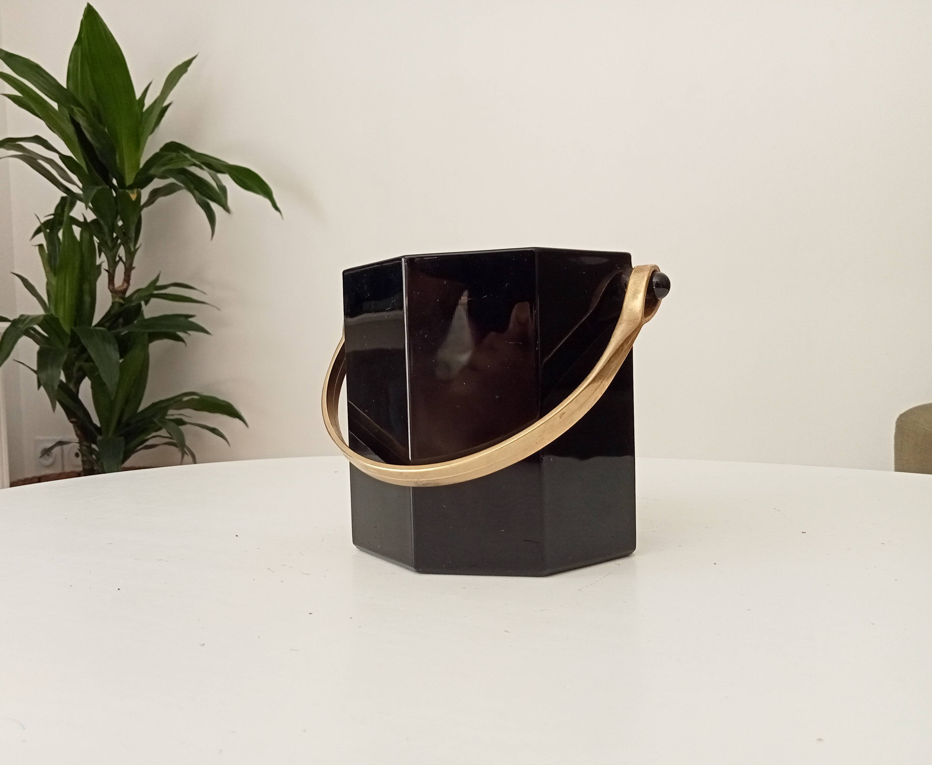 Art Deco ice bucket in black opaline and gilded brass