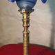 etched brass lamp with a blue satin glass tulip shade, signed Vianne 36x16