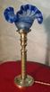 etched brass lamp with a blue satin glass tulip shade, signed Vianne 36x16