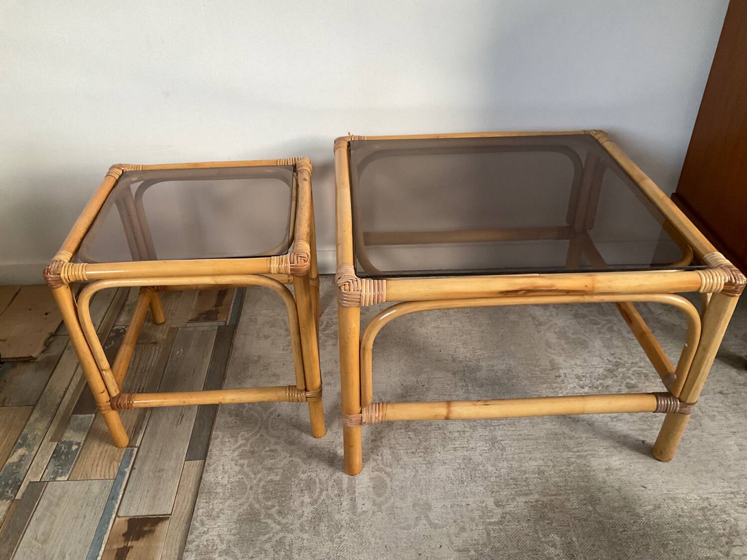 Duo of vintage rattan coffee tables from the 60s-70s