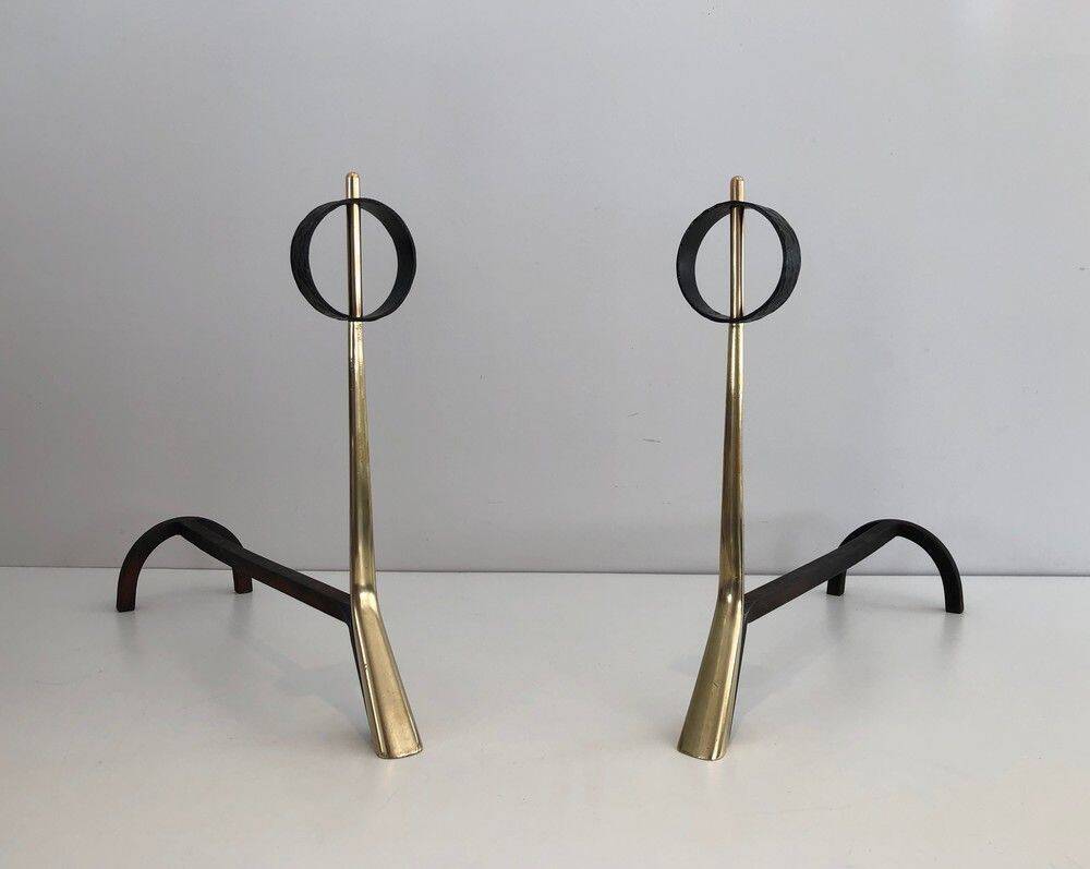 Pair of modernist bronze and wrought iron andirons