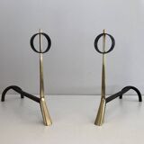 Pair of modernist bronze and wrought iron andirons