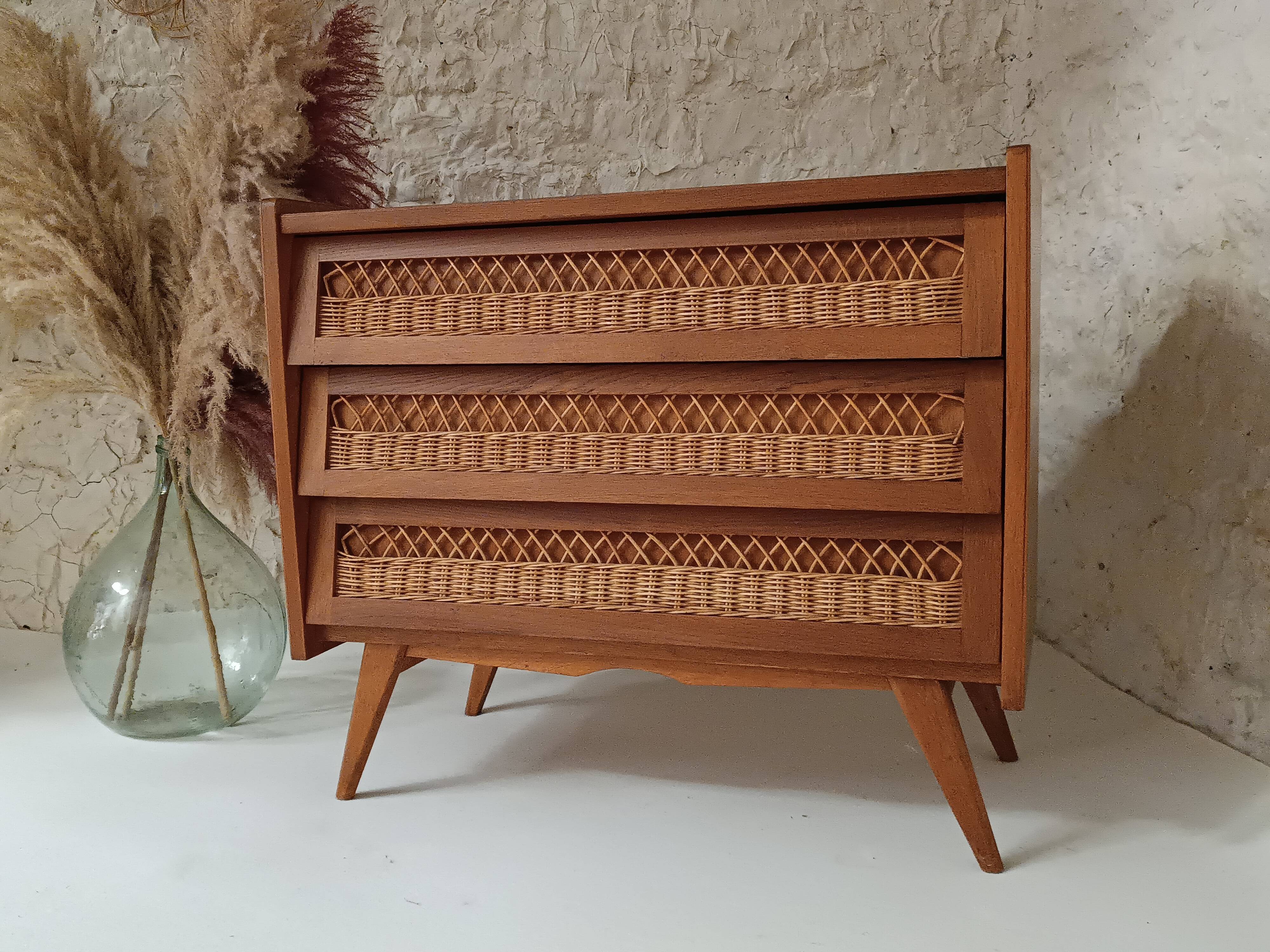 Vintage wooden and rattan chest of drawers in the 60s