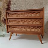 Vintage wooden and rattan chest of drawers in the 60s