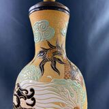 Très grande lampe au dragon sur fond jaune en grès bien hoa vietnam