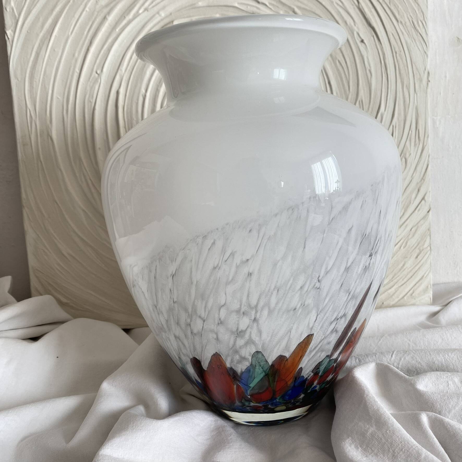 Large blown glass vase with polychrome inclusions in the Murano style.