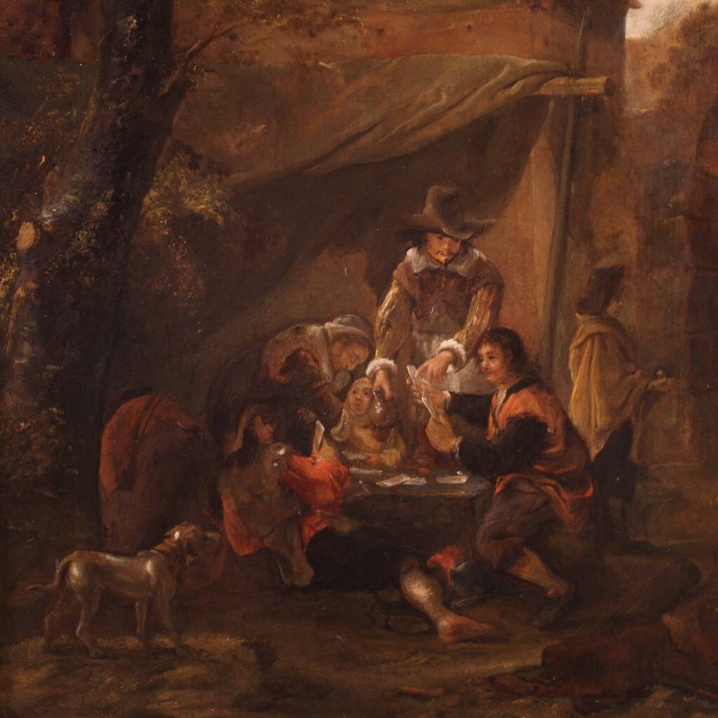 18th century Flemish painting on panel, card players