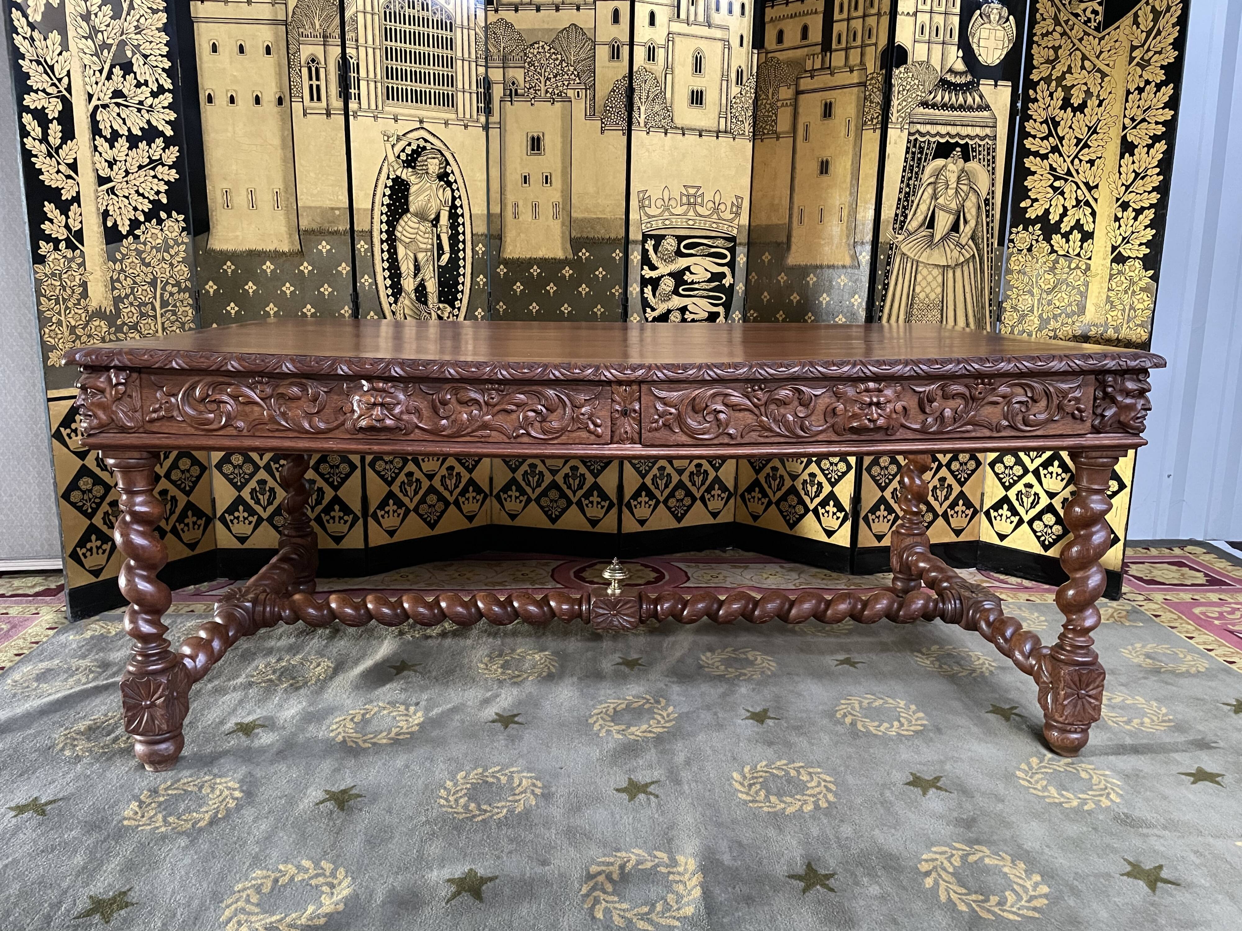 Office style Louis XIII solid oak carved restored