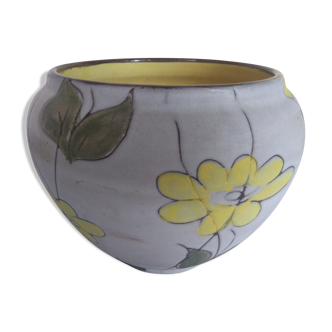 Cache pot vintage motif floral jaune signé Alain Maunier Vallauris