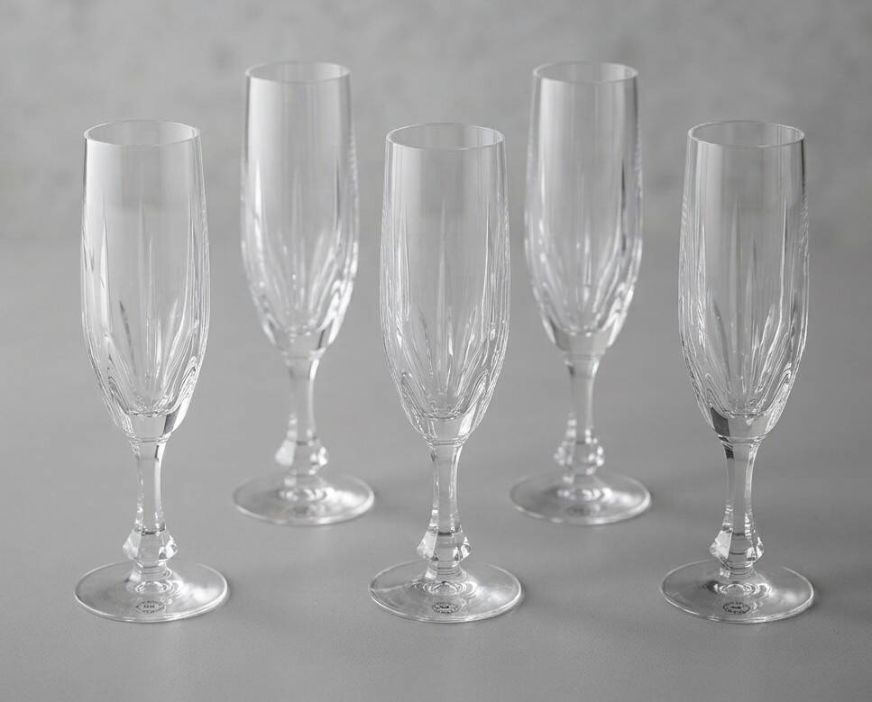 Set of 5 champagne flutes, Lembeg Crystal, 1960