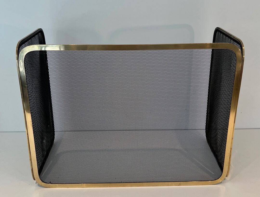 Three-Panel Folding Fire Screen in Polished Brass and Steel Mesh