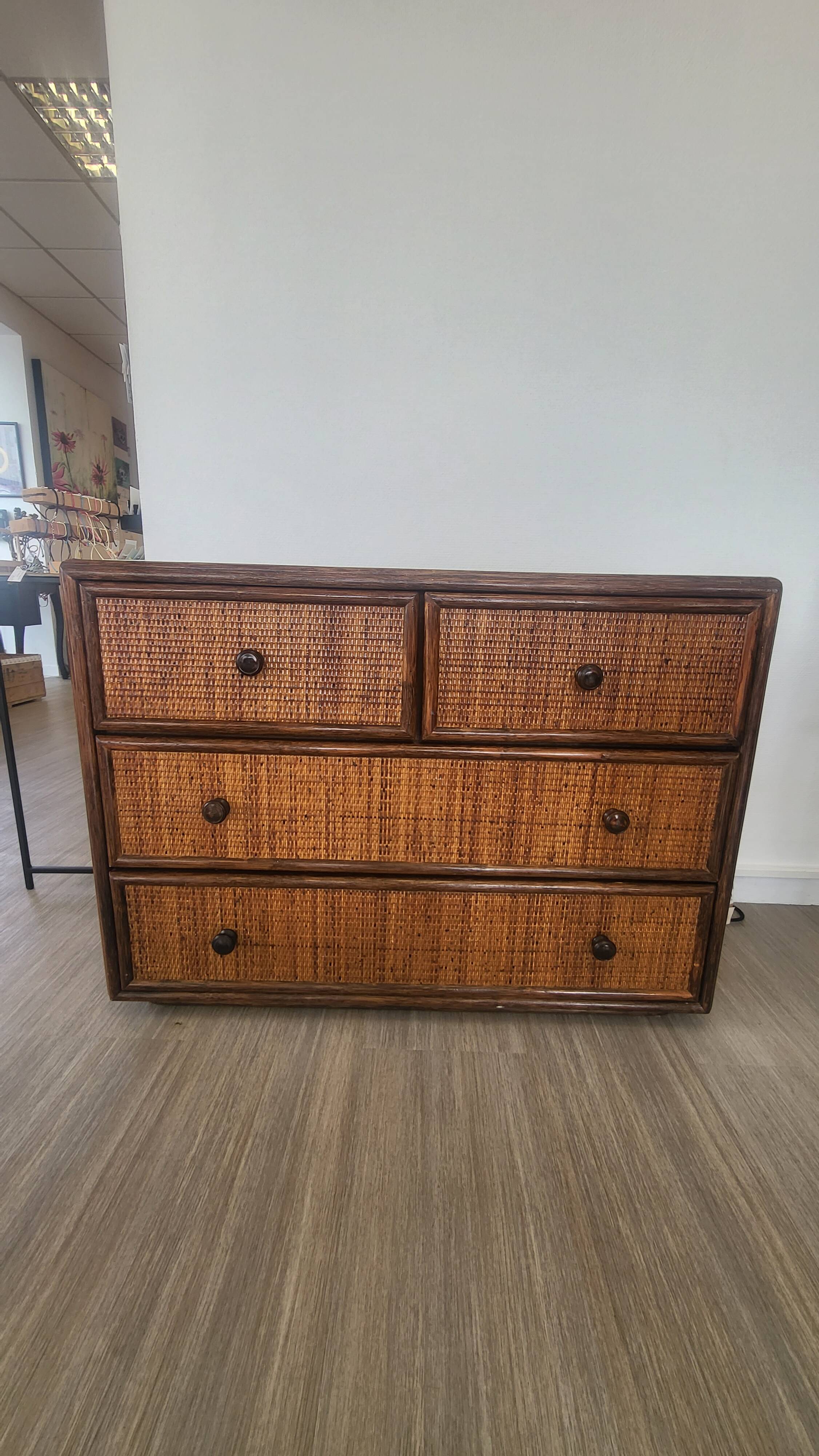 Rattan and solid wood chest of drawers