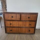 Rattan and solid wood chest of drawers