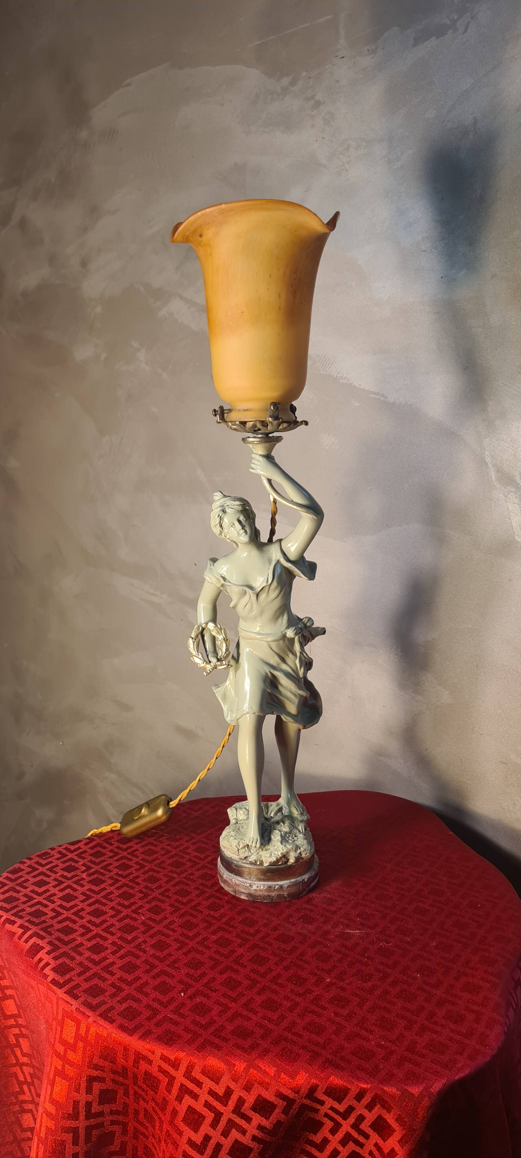 1900 brass lamp with glass paste tulip signed tief, 56x15
