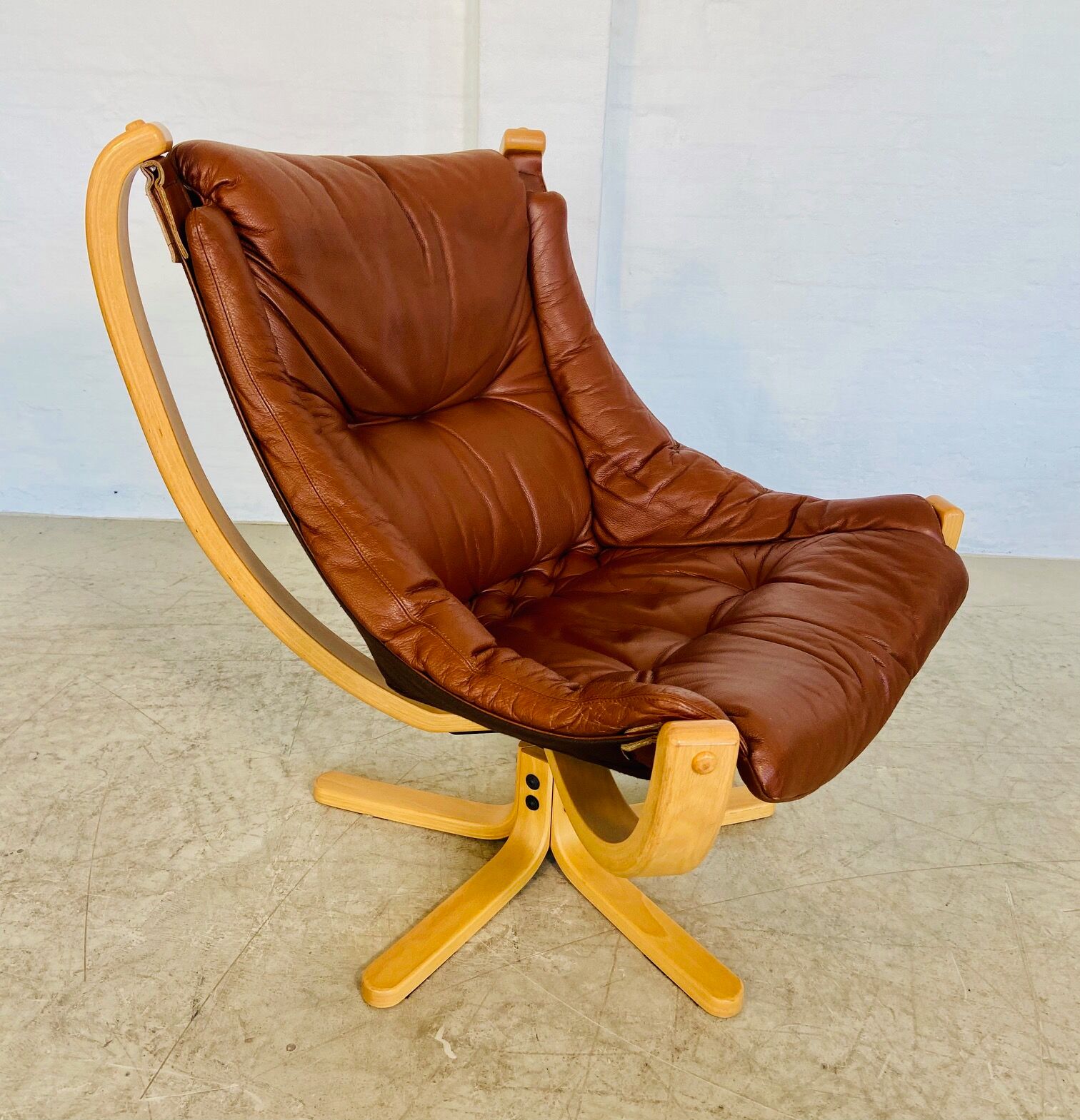 Svend Skippers vintage retro cognac leather swivel chair set 1970s