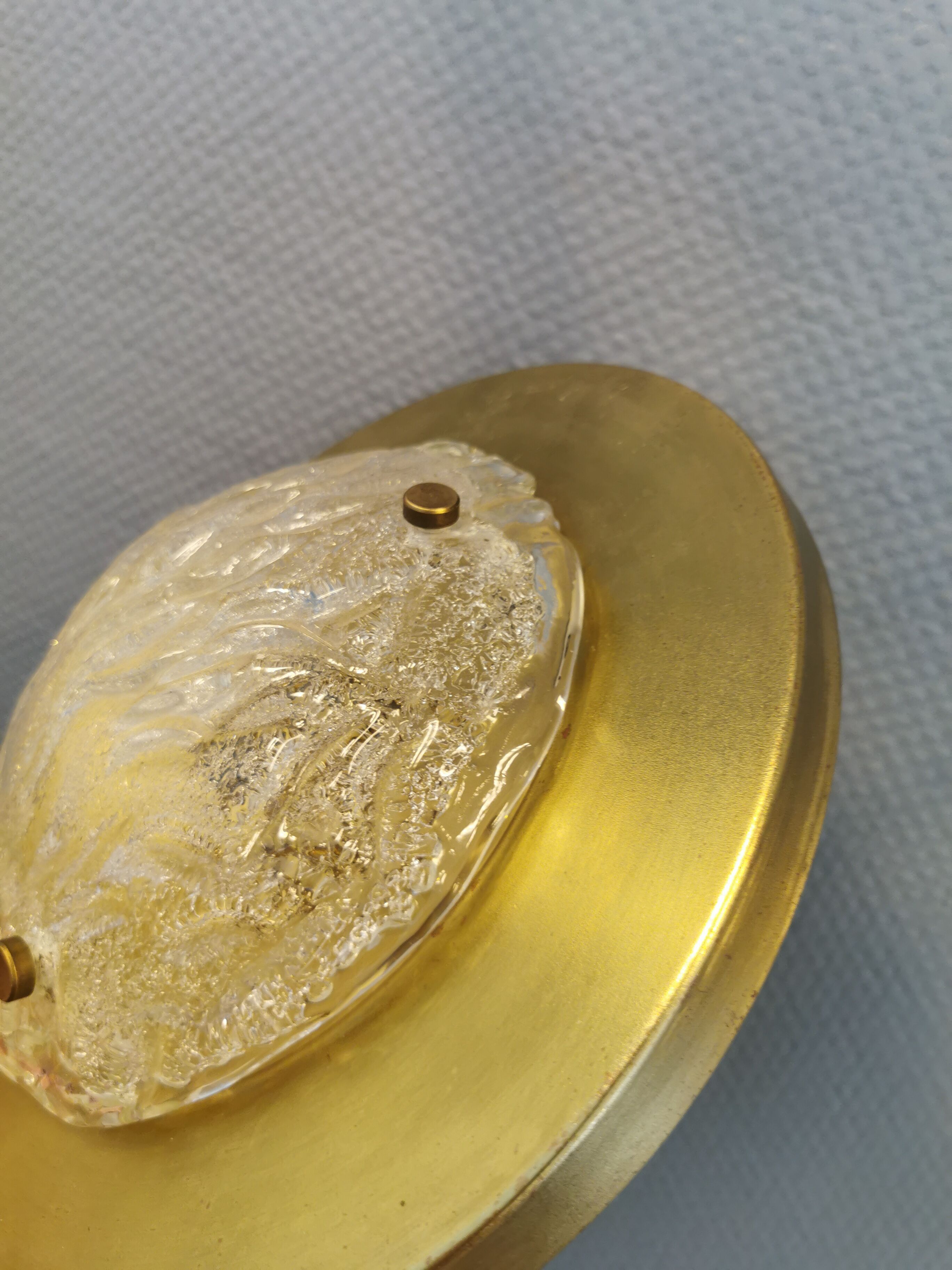 Wall/ceiling lamp, made in brass and white lacquered metal with frosted solid glass shade