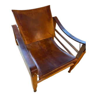 Aage Bruun and Son Safari Chairs in Patinated Tan Leather, Denmark, 1960s