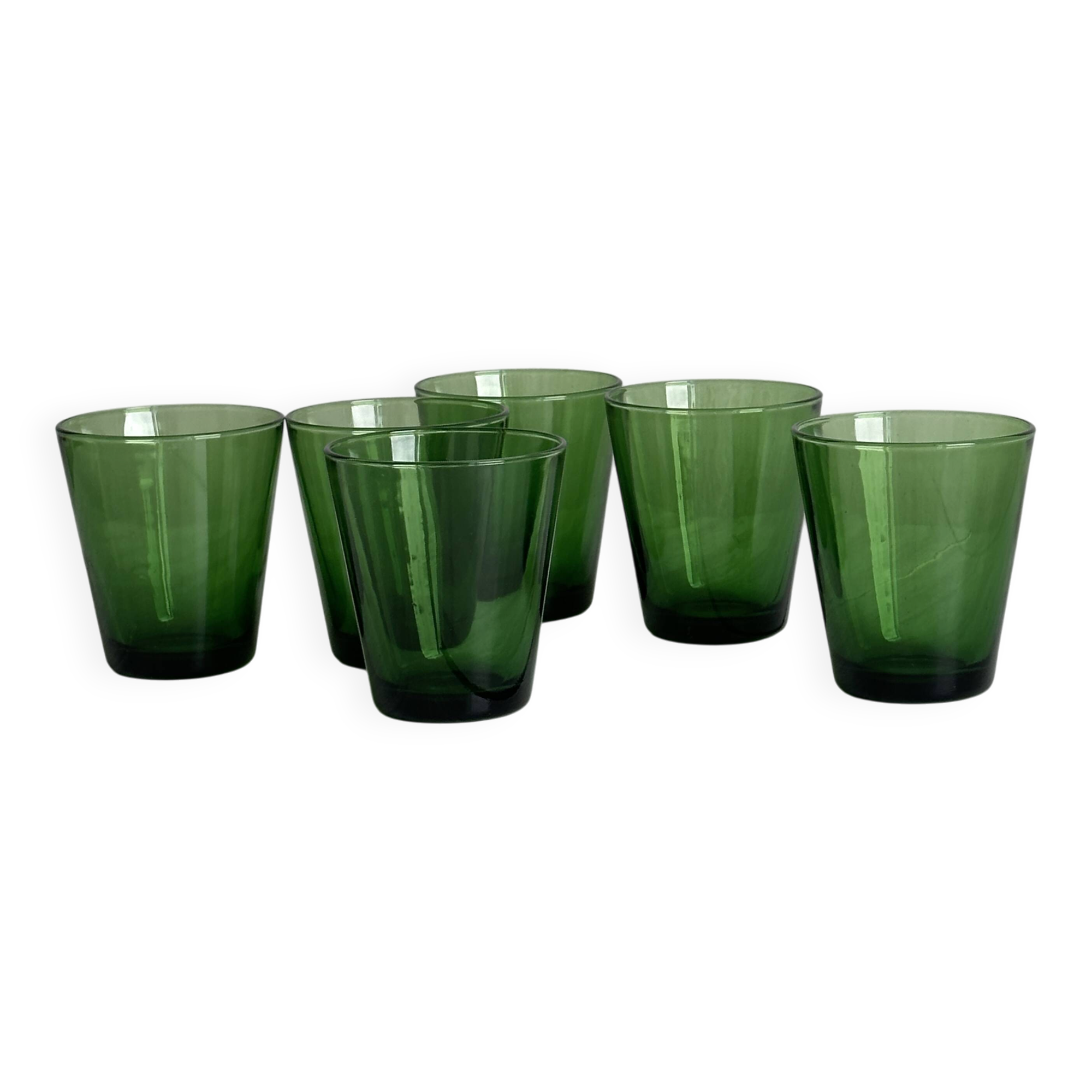 Set of 6 green water glasses, translucent thick glass