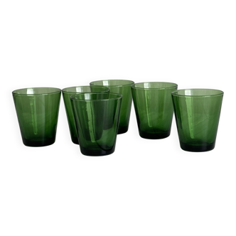 Set of 6 green water glasses, translucent thick glass